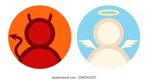 Ícones de conjunto de vetor anjo e diabo em estilo plano. Anjo e diabo em estilo simples.