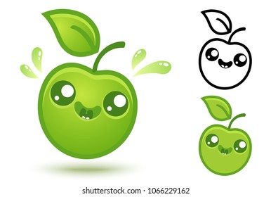 Vector set icons apple in kawaii style. Cute green apple with juicy drops in manga style.