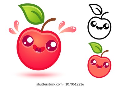 Vector set icons apple in kawaii style. Cute red apple with juicy drops in manga style.