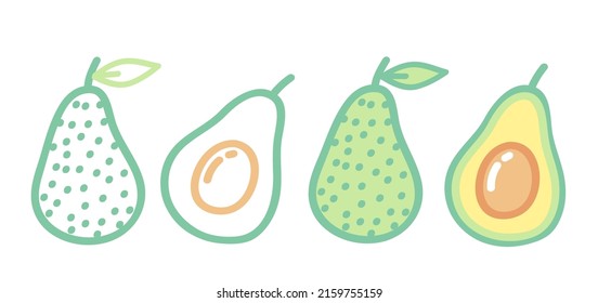 Iconos del conjunto de vectores del aguacate. Ilustración vectorial de los aguacates. Dibujar verduras a mano.