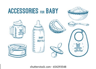 Vector set of icons for baby accessories. Care and feeding. It is executed in the form of a sketch of objects, isolated on a white background.