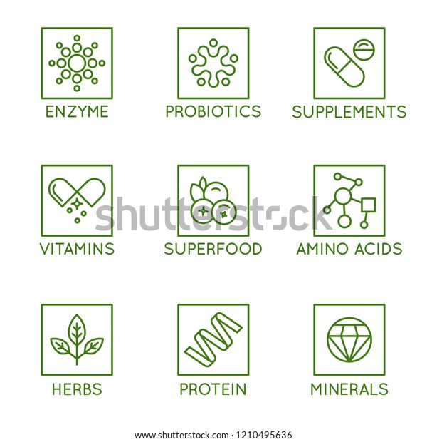 Vector set of icons\
and badges for packaging for natural health products, vitamins,\
supplements - healthy eating and dieting - set of design elements\
for organic and bio\
products