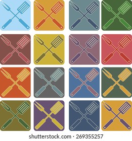 vector set icons bbq fork and spatula in different dark and light colors