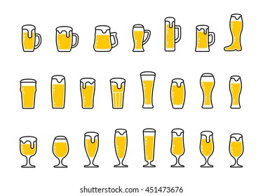 Vector set icons of beer with foam in mugs and glasses