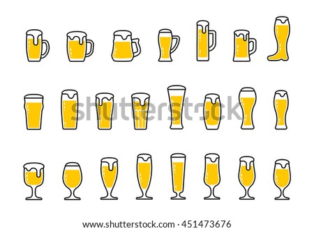 Vector set icons of beer with foam in mugs and glasses