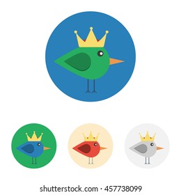 Vector set of icons with bird with crown. Icons are in flat style in various colors. Icons on a circular background.