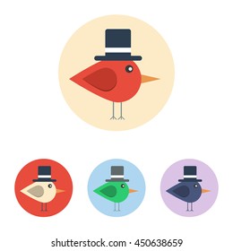 Vector set of icons with bird with cylinder hat. Icons are in modern flat style in various colors without long shadows. Icons on a circular background for various use.
