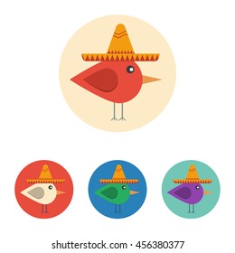 Vector set of icons with bird with mexican hat. Icons are in flat style in various colors. Icons are on a circular background.