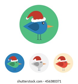 Vector set of icons with bird with santa hat. Icons are in flat style in various colors. Icons are on a circular background.