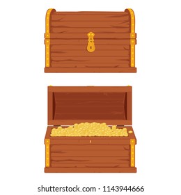 Vector set of icons with cartoon closed and opened brown wooden pirate chests with golden metal stripes and padlock, full of treasure coins on white background
