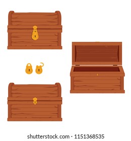 Vector set of icons with cartoon closed and opened brown wooden pirate chests   and padlocks on white background