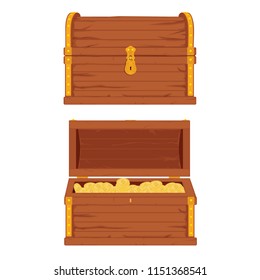 Conjunto vectorial de iconos con caricaturas cerradas y abiertas cofres piratas de madera marrón con rayas de metal dorado y candado, lleno de monedas de tesoro sobre fondo blanco