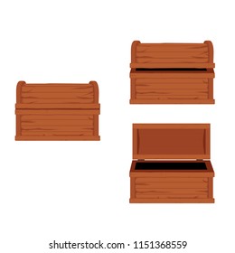 Vector set of icons with cartoon closed and opened brown wooden pirate chests  on white background