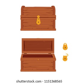 Vector set of icons with cartoon closed and opened brown wooden pirate chests   and padlocks on white background