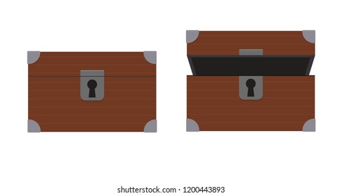 Vector set of icons with cartoon closed and opened brown wooden pirate chests with keyhole on white background