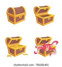 Vector set of icons with cartoon closed and opened wooden pirate chests with magenta octopus and gold coins inside, golden metal stripes and keyhole on white background