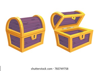 Vector set of icons with cartoon closed and opened violet wooden pirate chests with golden metal stripes and keyhole on white background