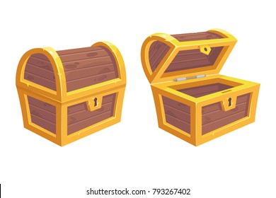 Vector set of icons with cartoon closed and opened brown wooden pirate chests with golden metal stripes and keyhole on white background