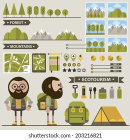 Vector set of icons and characters in flat style, tourist, tent, map, mountains, trees. Vector illustrationtourism, sport, vacation, travel.