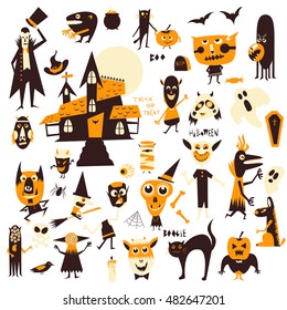 Vector set of icons and characters. Halloween theme. Cartoon icon icon for logo, web site design, app, UI.