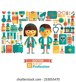 Vector set of icons and characters on the medical theme.