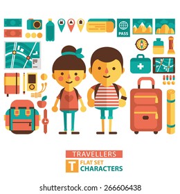 Vector set of icons and characters travelers. Icons and characters in a flat style. 