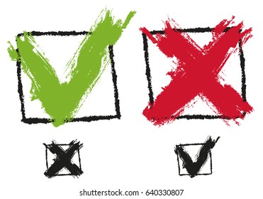 Vector set icons check marks in vintage style. Grunge symbols yes and no.