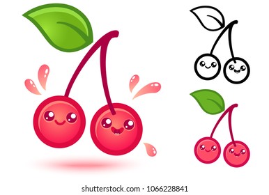 Vector set icons cherry in kawaii style. Cute cherry with juicy drops in manga style.