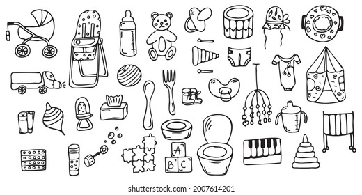 Juego de vectores de iconos para el cuidado infantil. Estilo Doodle