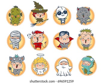 Vector set icons children with costumes for Halloween. Cute Halloween kids monsters.