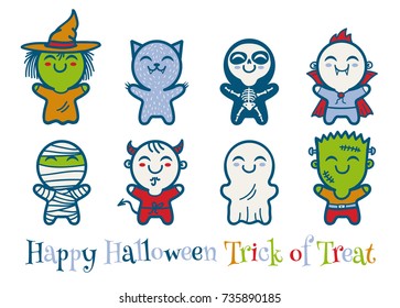 Vector set icons children with costumes for Halloween. Cute kids in Halloween monsters costumes