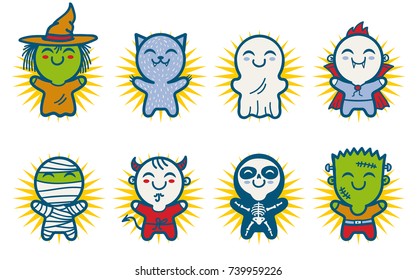 Vector set icons children with costumes for Halloween. Cute kids in Halloween monsters costumes.