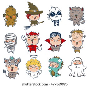 Vector set icons children with monster costumes for Halloween