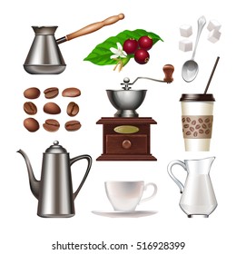 Vector set of icons - coffee berries and grains, Turk, hand mill, coffee pot, cup and saucer, a plastic cup, spoon, sugar lumps, cream