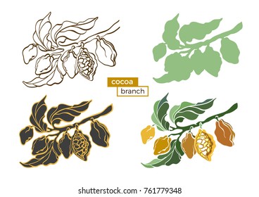 Vector  set of icons of color cocoa tree with leaves and beans. Botanical drawing.  Logo design, silhouette. Realistic nature style symbol. Organic food. Illustration isolated on white background