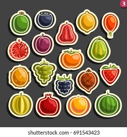 Vector Set icons of colorful Fruits and Berries: collection of exsotic fruit primitive logos isolated on black background, set of cartoon simple stickers for juice or candy, abstract fruits pictograms