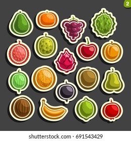 Vector Set icons of colorful Fruits and Berries: collection of exsotic fruit primitive logos isolated on black background, set of cartoon simple stickers for juice or candy, abstract fruits pictograms