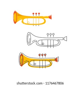 Vector set with icons of cornet or horn isolated on background. Flat and line style.