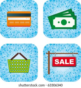 Conjunto de vectores de iconos. Tarjeta de crédito, dinero en efectivo, cesta de compras, cartel de venta