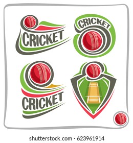 Vector Set Icons For Cricket Game: Red Ball Flying On Curve On Pitch Field, Abstract Clip Art Logo With Title Text - Cricket, Graphic Image Of Sports Emblem Shield On Cricket Theme, Isolated On White.