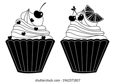 Vektorgrafik-Set von Cupcakes mit Creme und Kirsche für Bäckereien Logo
