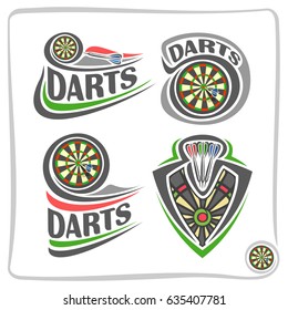 Vector set icons for Darts game: thrown arrow in bullseye of dartboard, 4 abstract clip art logo with title text - darts, graphic image of sports emblem shield on dart board theme, isolated on white.