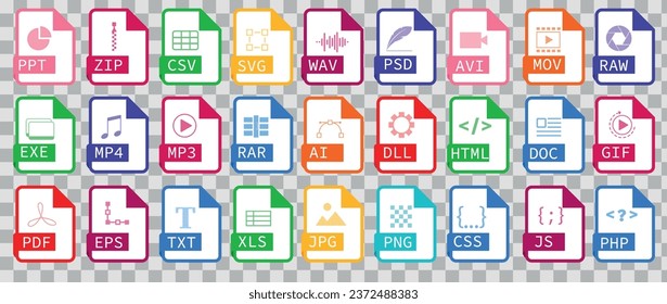 Conjunto de vectores de iconos que representan tipos de archivo. Elementos para su diseño. jpeg, rav, ai, eps, doc