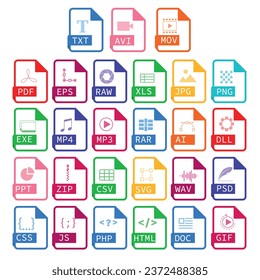 Conjunto de vectores de iconos que representan tipos de archivo. Elementos para su diseño. jpeg, rav, ai, eps, doc