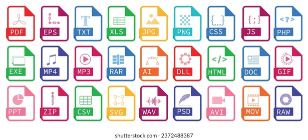 Conjunto de vectores de iconos que representan tipos de archivo. Elementos para su diseño. jpeg, rav, ai, eps, doc