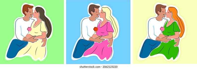 vector set of icons depicting a kissing couple in love of a man and a woman