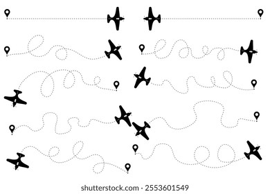 A vector set of icons depicting an old aircraft's flight route, complete with a starting point and a dashed line trajectory.