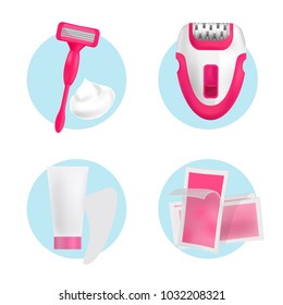 Vector set of icons for depilation - razor, shaving foam, epilator, cream, wax strips.