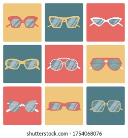 Vector set of icons of different shapes sunglasses in trendy flat style. Summer glasses collection. 