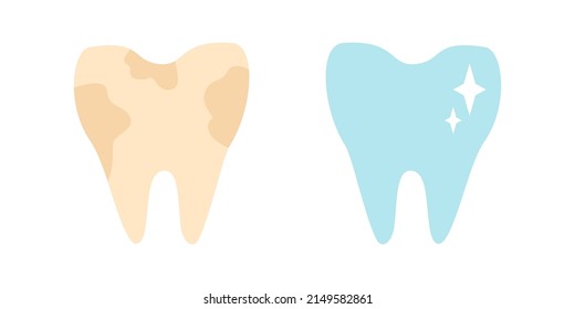 Vector set icons of dirty teeth and white tooth. Vector illustration of tooth on banner.